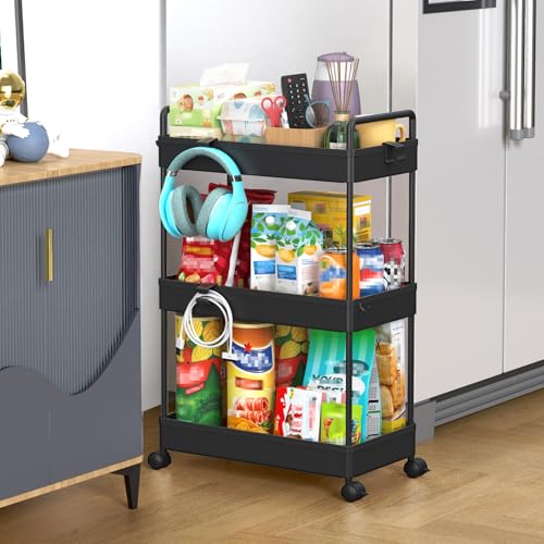 SOLEJAZZ 3 Tier Slim Rolling Storage Cart Organizer with Wheels, Black | Utility cart for bathroom, laundry, bedside, dorm&narrow spaces. Fits craft, nail, makeup, snack, art, diaper&baby essentials - color: Black, size: 3-Tier, 8.66"D