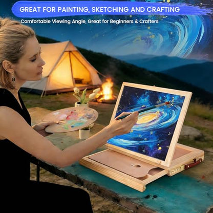 Portable Tabletop Easel for Painting, Wooden Desk Easel with Drawer & Palette, Adjustable Art Easel for Adults Beginners, Foldable Travel Easel with Handle & Strap (Beech Wood)