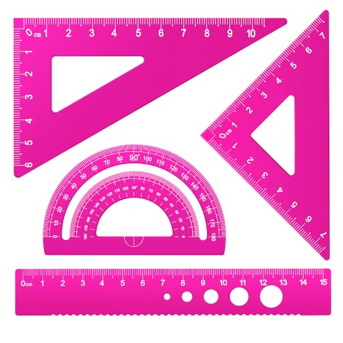Honagu Triangular Ruler Set, 4 Pieces Aluminum Alloy Ruler, Metal Drafting Ruler, Geometric Protractor for Students, Draftsmen, Engineers, School Office Supplies (Pink) - color: Pink