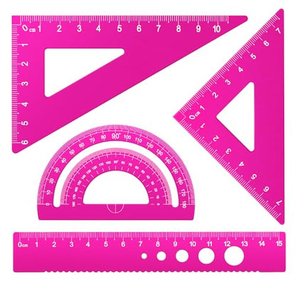Honagu Triangular Ruler Set, 4 Pieces Aluminum Alloy Ruler, Metal Drafting Ruler, Geometric Protractor for Students, Draftsmen, Engineers, School Office Supplies (Pink) - color: Pink