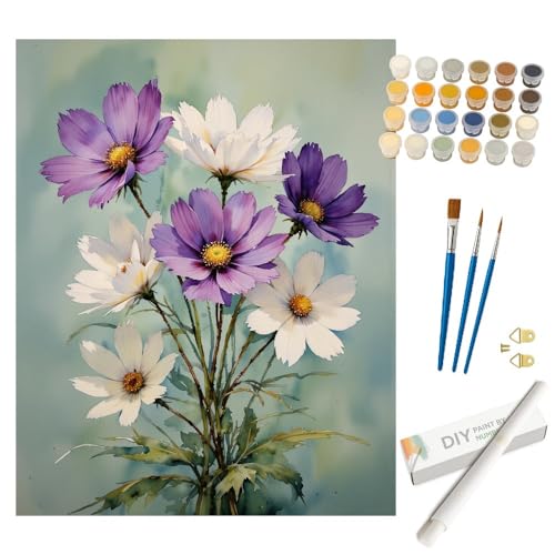 Floral Paint by Numbers Kit for Adults - DIY Purple and White Cosmos Flowers Painting on Rolled Canvas 16x20 Inches, Acrylic Paint Set, Suitable for Beginners, Art for Home Decoration or Gifts - color: TCXY06094, size: 16X20IN Rolled