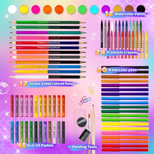 Cokiki Mermaid Art Set for Kids, 184 Piece Drawing Art Kit - color: Violet Princess