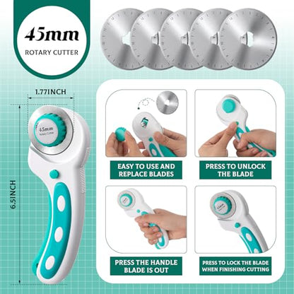 Lasnten Rotary Cutter Set 18 x 24 Inch Folding Extra Large Self Healing Cutting Mat, 45mm Fabric Cutter, 5pcs Rotary Blades, Acrylic Ruler, Knife Set for Sewing, Crafting, Patchworking, Art, Clay