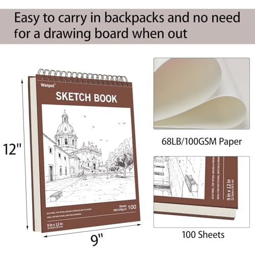 9" x 12" Hard Cover Sketch Book, Top Spiral Bound Sketch Pad, 100 Sheets 68lb/100gsm Drawing Paper, 1 Pack - size: 9" x 12" (1 Pack)