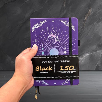 BUKE Dotted Journal - 150gsm Black Paper - 5 * 5mm DOT GRID Layout 160 Pages - A5 Size PU Leather Hardcover Drawing Sketch Notebook (Purple) - color: Purple