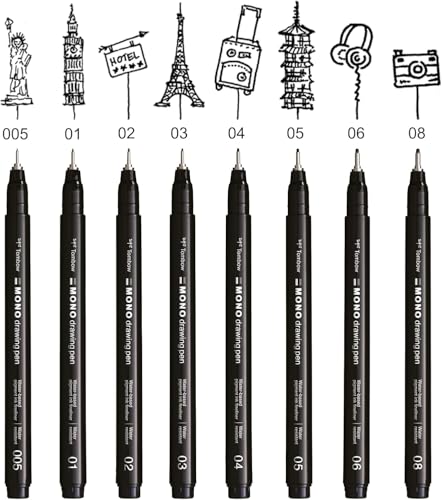 Tombow MONO Drawing Pen Fineliner - Water and Light Resistant - 0.05/0.1/0.2mm - Black Ink - Pack of 3 In Envelope Gift Packaging
