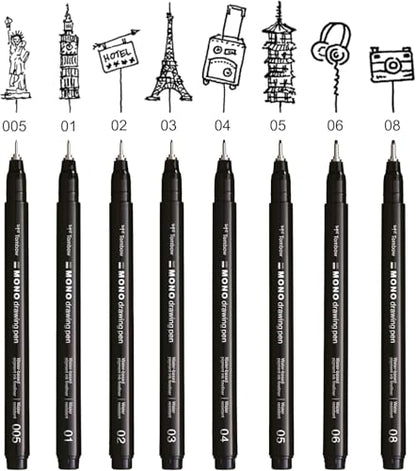 Tombow MONO Drawing Pen Fineliner - Water and Light Resistant - 0.05/0.1/0.2mm - Black Ink - Pack of 3 In Envelope Gift Packaging