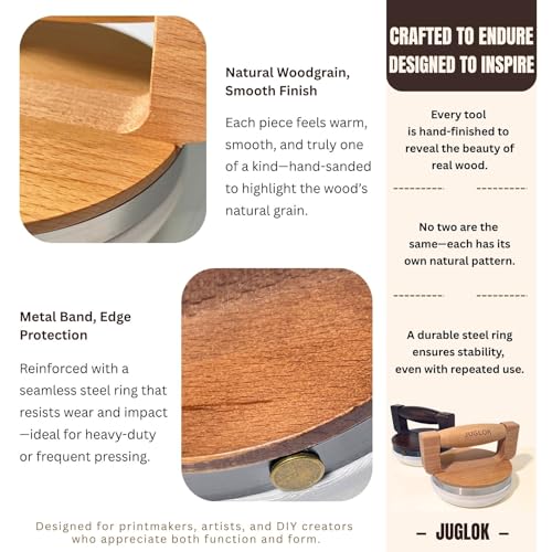 JUGLOK Wooden Printing Tool for Block Printing – 4 Inch Printmaking Tool with Ergonomic Wooden Handle, Stainless Steel Edge & Nylon Mesh Base, Ideal for Linocut and Art Prints (Classic Oak) - color: Classic Oak