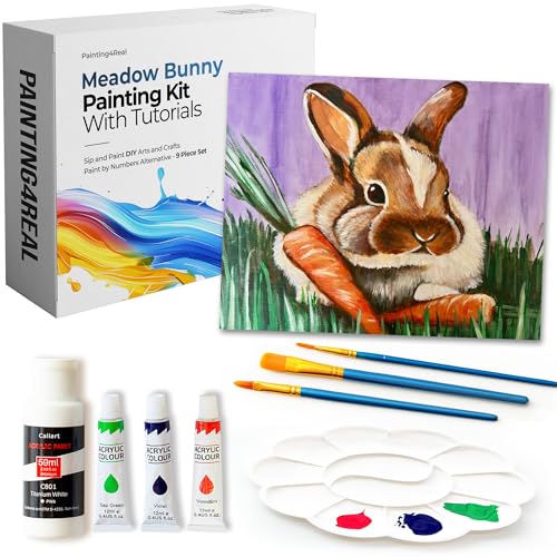 Painting4Real DIY Painting Class Kits for Adults with Video Tutorials, Learn to Paint Meadow Bunny, How to Paint with Acrylic Paint Sets for Adult, 9 Peices Art Set & Painting Supplies Gifts for Mom - color: Meadow Bunny