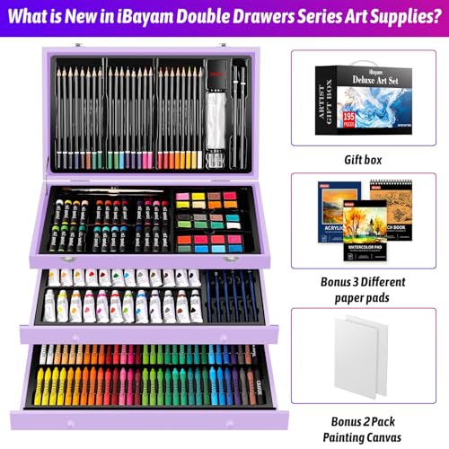 iBayam Art Supplies,195 Pack Deluxe Art Set Drawing Painting Supplies Kits | Acrylic Pad, Watercolor Pad, Sketch Book, Canvases, Acrylic Paint, Crayons, Pencils, Gifts for Kids Teen Girls Artist Adults - color: Purple