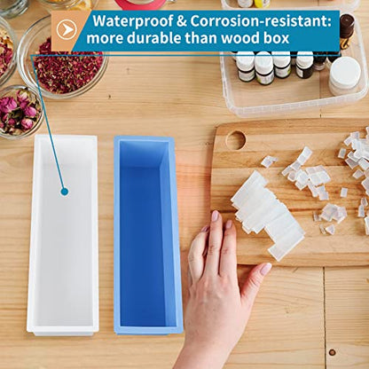 2 Pcs Loaf Soap Mold with Plastic Box, Flexible Silicone Rectangular Mold 42oz, Swirl Making Tool for DIY Soap, Handmade Candles, Resin Casting, Homemade Desserts (Blue) - color: Blue