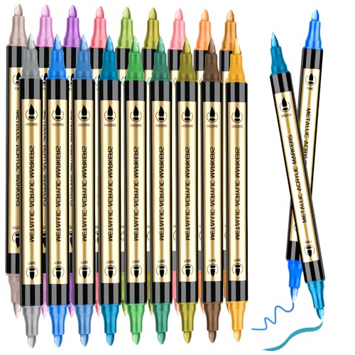 Metallic Marker Pens, 18 Colors Dual Tip Acrylic Paint Pens for Black Paper, Rock Painting, Medium Tip Glitter Pens for Scrapbooking, Card Making, DIY Arts & Crafts, Scrapbook Supplies - color: 18 Colors Metal Craft Pen