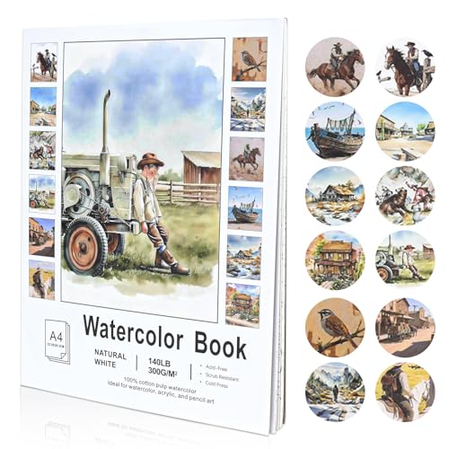 RGBMIX 12 Sheets 9x12'' Wild West Watercolor Paper Book Pad Cotton 140lb/300gsm Pre-Printed Line Art of Horse, Cowboy, Wagon, Cactus, Cabin, Tractor & Camel Train for Watercolor, Acrylic, Pencil - color: West Feel