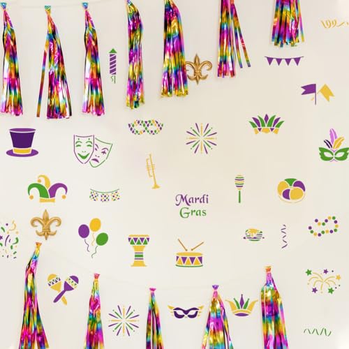 FINGERINSPIRE 4PCS Mardi Gras Painting Stencil 7.9x7.9inch Large Drums Balloons Colorful Ribbons Drawing Template Musical Instruments Flags Stencil for Painting Reusable Mardi Gras Words Template - color: Mardi Gras