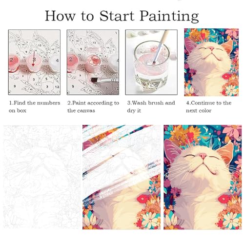 ZRIZQ Paint by Numbers Kit for Adults Beginner,Cat Sleeping Flowers,16x20 | Full set with wooden brushes,rolled canvas,rich paints.Calming activity.Beginner friendly.Just open and paint. - color: 16"X20"Rolled Canvas(Frameless)-Cat 17