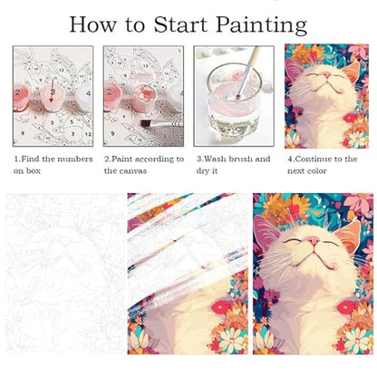 ZRIZQ Paint by Numbers Kit for Adults Beginner,Cat Sleeping Flowers,16x20 | Full set with wooden brushes,rolled canvas,rich paints.Calming activity.Beginner friendly.Just open and paint. - color: 16"X20"Rolled Canvas(Frameless)-Cat 17