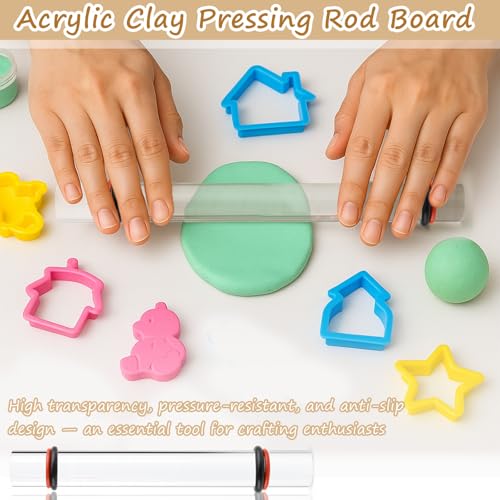 2-Piece Polymer Clay Acrylic Rolling Pin Set – Clear Slab Roller Tools with Thickness Rings for DIY Sculpting & Air-Dry Clay Projects