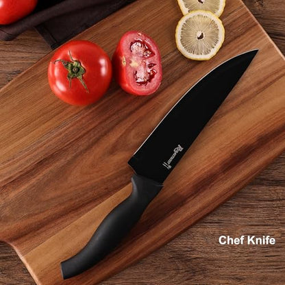 ROMANTICIST Knife Set, 10 Pieces Knife Block Set - Stainless Steel Kitchen Knives with Sharpener and Cheese Knife, Non-Slip Ergonomic Handles, Exquisite Knives Set - Stylish Black - color: Silver round knife block