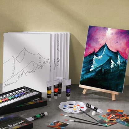 Cholemy 36 Pcs Paint and Sip Kit Gift for Adults 8''x10'',Mountain | Pre Drawn Canvas, Painting DIY Afro Acrylic Painting Kit, Wood Easel Brushes, Date Night Bulk, Summer Halloween Party - style: Mountain