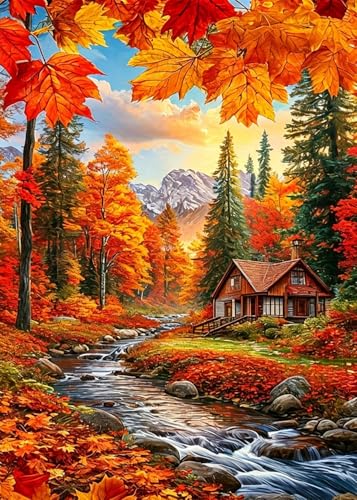 Fall Mountain Forest Leaf House Diamond Art Painting Kits for Adults, Diamond Painting Kits for Adults Beginners, 5D DIY Full Drill Diamond Dot Gem Art Kits for Adult, Home Wall Decor 11.8x15.7 Inch - color: Fall Forest Log Cabin Stream