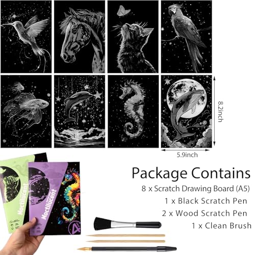 Glow in The Dark Scratch Art Kit - 8 Sheet Rainbow Scratchboards(A5) | Creative Engraving Craft Supplies for Teens & Adults | DIY Projects & Sketching Activity | ASMR Stress-Relieving Gift (Animals) - color: Animal
