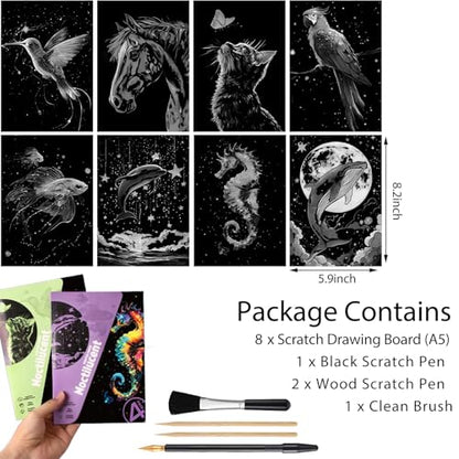 Glow in The Dark Scratch Art Kit - 8 Sheet Rainbow Scratchboards(A5) | Creative Engraving Craft Supplies for Teens & Adults | DIY Projects & Sketching Activity | ASMR Stress-Relieving Gift (Animals) - color: Animal