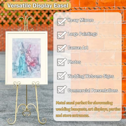 20"L x 26.75"W x 56.5"H Large Easel Stand for Display, Adjustable Heigh Metal Gold Easel Stand with Chain Support, Heavy Duty Easel for Mirror, Sign, Wedding, Picture Frame. (No Installation Required)
