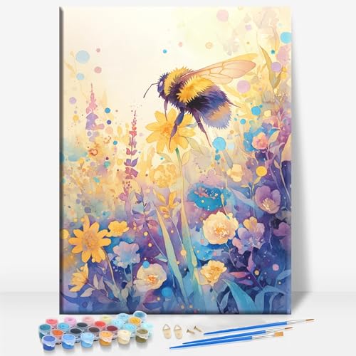 Aeontinity BEE with Wildflowers Animal Framed Canvas DIY Paint by Numbers Kit Bar Cafe Cave Home Room Wall Bathroom Porch Patio Decor Gift, 16 x 12 Inch - color: BEE WITH WILDFLOWERS
