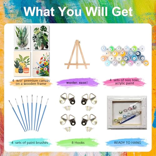 4 Pack Plant Paint by Numbers for Adults with Framed Canvas - Wooden Easel - color: BKH1308+BKH1767+BKH1768+BKH1769