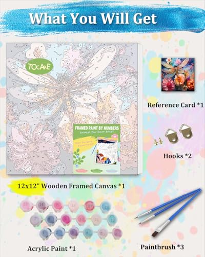 TOCARE Framed Paint by Numbers Kit for Adults Beginners,12x12inch Dragonfly Paint by Number with Frame,Flowers Paint by Numbers Framed Canvas(Without Easel) - color: TC-F-225