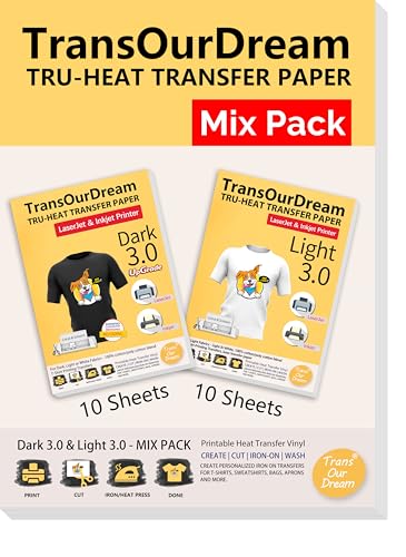 TransOurDream Iron on Heat Transfer Paper for Dark and Light T Shirts (10+10 Sheets, 8.5x11, Mix Pack) Printable HTV Heat Transfers Vinyl for LaserJet & Inkjet Printers (D3L3) - color: Mix, size: 20 Sheets