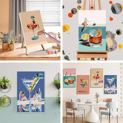 4 Pcs Cocktail Paint by Numbers for Adults with Frame Canvas - Wooden Easel - color: BKH2389+BKH2390+BKH2391+BKH2392