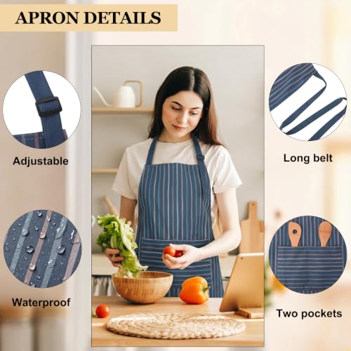 2 Pack Waterproof Kitchen Apron, Striped Bib Apron with 2 Pockets | Lightweight Polyester, Ideal for Cooking, Baking, BBQ, Dishwashing, Gardening, Cafe Work - color: Dark Blue Vertical Stripe/Brown Plaid