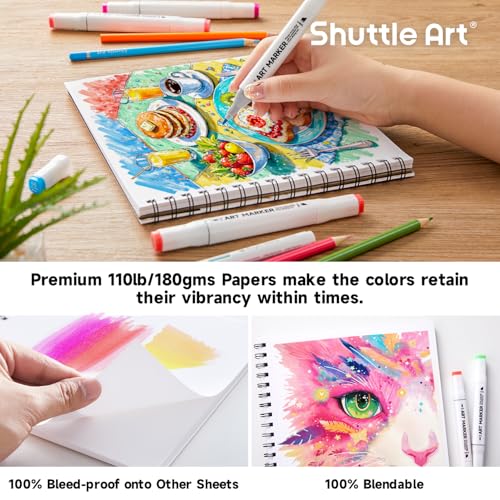 Shuttle Art Marker Pad, 8.9”x8.3” Portable Sketchbook, 40 Sheets Marker Drawing Paper, 110LB/180GSM Smooth Surface Bleedproof Art Paper, Spiral-Bound, Great for Beginners to Draw, Paint & Sketch - size: 8.9x8.3 inch