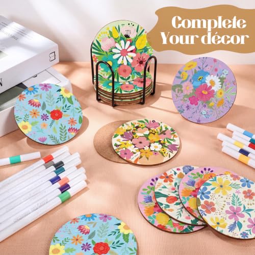 Reallnaive 77 Pcs Flower Coasters Painting Kit, 20 Set Wooden Drink Coasters 4 Inch with Holder & Markers Boho DIY Crafts for Adults, Women, Hobby, Color Your Own Art Craft Supplies - style: Flower