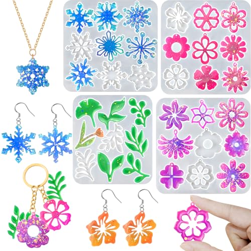 Resin Earring Mold, Set of 4 Variety Earring Casting Mold with Hole | Snowflakes Flower Leaf Shape Earring Silicone Molds for Epoxy Resin Crafting Jewelry Pendant Keychain DIY Gift - color: 4PCS Flower Jewelry Molds