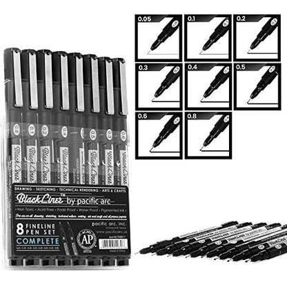 Pacific Arc Blackliner Black Fineliner Pens - Set of 8 Differently Sized Fine Drawing Pens for Artists, Sketching, Journaling, Hand Lettering, and Calligraphy - size: 8 Pack | All Sizes