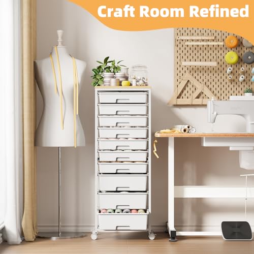 SYKIARIOL Rolling Storage Cart with 10 Drawers,White | Craft Cart with 3 Big Drawers + 7 Small Drawers,Teacher Storage Cart with Wooden Tabletop for School,Office and Home