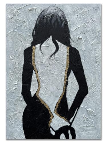 zoinart Hand Painted Black and White Wall Art, 28x40 Inches, Abstract Girl Painting, Vertical Black and White Wall Decor, Textured Art - color: BL-057
