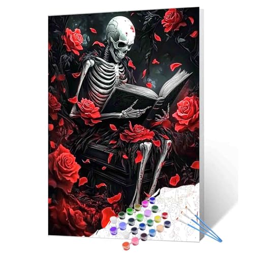 Horror Mysterious Skeleton Reading Paint By Number Kit For Adult, Gothic Red Rose Petals Dark Fantasy Creepy Skeleton Paint By Numbers Fun Home Wall Decor Ideal Gift Choice 16" X 20" (Frameless) - color: Dark Raven-04, size: 16''x20''(Frameless)