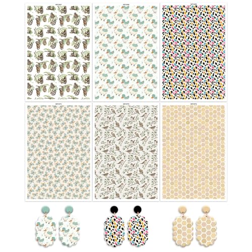 6Pcs Animal Transfer Paper for Polymer Clay, Ducks,Birds Mokey,Leopard Print Water Soluble Transfer Sheets for Polymer Clay, Polymer Clay Transfer Paper for DIY Art Jewelry Earrings Making 5.82X3.93in