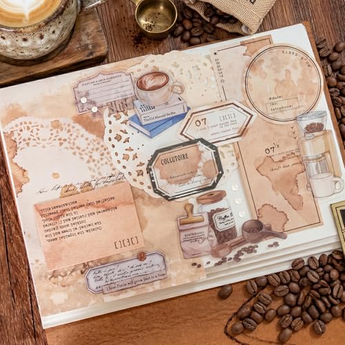 Mayplous Vintage Coffee Junk Journal Supplies, Scrapbook Paper Kit with Coffee-Themed Stickers, Labels, Tags and Ephemera for Planner Decoration, Card Making, Collage Art (Tanvera)