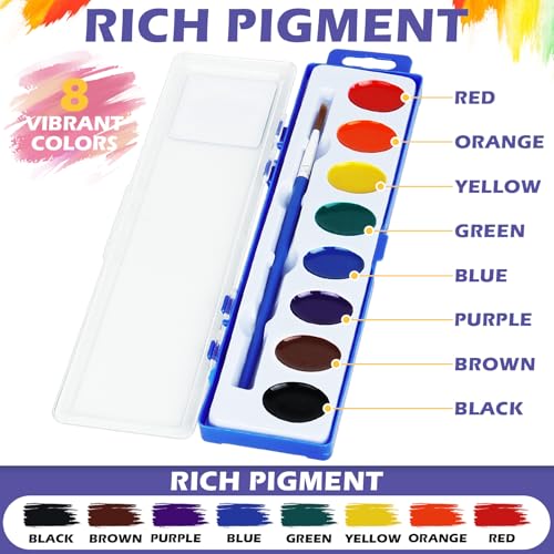24 Pack Watercolor Paint Set - 8 Colors Quality Washable Water Color Paints Sets with Paint Brush, Kids Watercolor Paint Set for Coloring, Art, Classrooms, Party Favors and Easter Paint Supplies - color: 8 Colors | 24 Pack