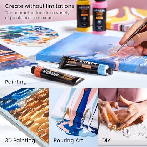 ARTEZA Premium Stretched Canvas, 12 x 12 Inches, Pack of 8, Blank White Square Canvas Boards for Acrylic, Oil and Gouache Painting - color: White - Premium, size: 12 x 12 (Pack of 8)