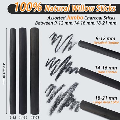 Willow Charcoal Sticks, Jumbo Willow Charcoal Pencils for Artists, Beginners, Students, Natural Charcoal Stick for Sketching, Drawing, and Shading (9-12MM | 6 Sticks) - style: 9-12MM | 6 Sticks