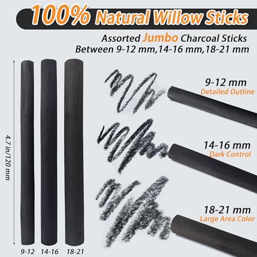 Willow Charcoal Sticks, 14-16MM Jumbo Willow Charcoal Pencils for Artists, Beginners, Students, 4 Pcs Natural Charcoal Stick for Sketching, Drawing, and Shading - style: 14-16MM | 4 Sticks