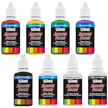 U.S. Art Supply Airbrush Paint Set, 6 Color Primary Opaque, 1-oz Bottles | Ready to Spray Air brush Paint, Water-Based Acrylic with Reducer & Cleaner for Painting Metal, Plastic Models, Canvas, Wood - color: 6-Color Primary Set
