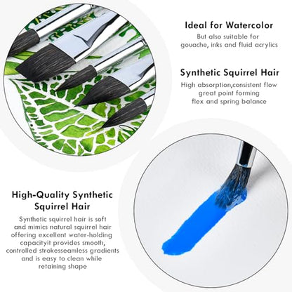 Brusarth Watercolor Brushes, Synthetic Squirrel Hair Paint Brush Set | 10 Pcs Soft Synthetic Squirrel Paint Brushes, Including Pointed Rounds, Flats, Dagger, Cats Tongue, Oval Wash