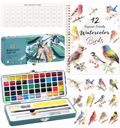 Watercolor Workbook with 12 Bird Patterns, 50 Colors Watercolor Paint Set | Water Coloring Book, Beginner-Friendly Watercolor Workbooks for Creative Exploration Gift for Adults - color: Birds