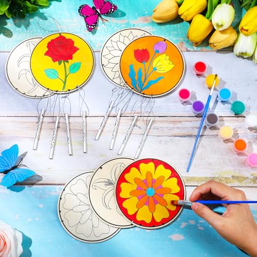 Silipull 24 Sets Summer Flower Wind Chimes Craft Kit for Kids Back to School Color Your Own Windchime DIY Unfinished Wood Hanging Ornament Coloring Wind Chime for Kid Graduation Gift Party Supply - style: Flower